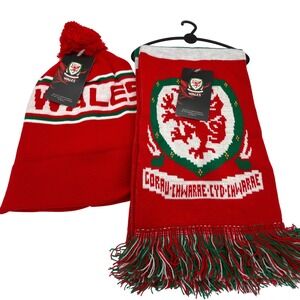Wales Beanie and Scarf Set‎ Knit Pom Pom Hat Football Soccer Fan Gear